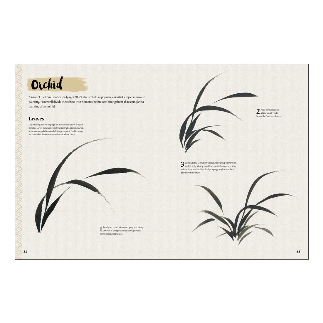 sample pages from Mindful Artist: Sumi-E Painting, showing steps 1-3 for painting an orchid