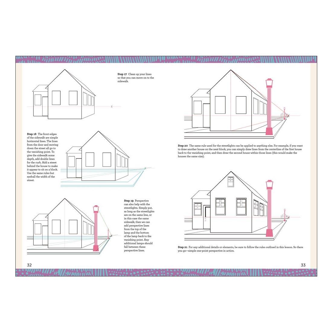 sample pages from Mastering Perspective, showing steps 17-21 of drawing a building