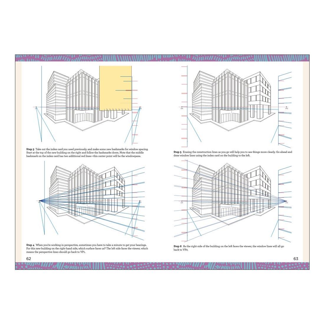 sample pages from Mastering Perspective, showing steps 3-6 of drawing a large building that has multiple angles