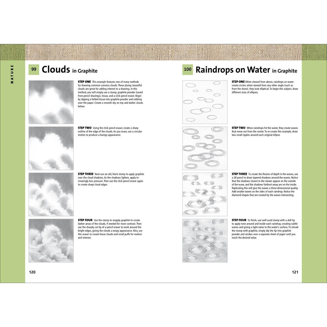 Pages 120 and 121 from the book 101 Textures In Graphite & Charcoal, showing how to draw clouds and raindrops on water