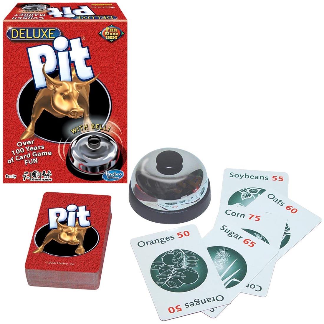 box and contents of Deluxe Pit Card Game with cards and bell