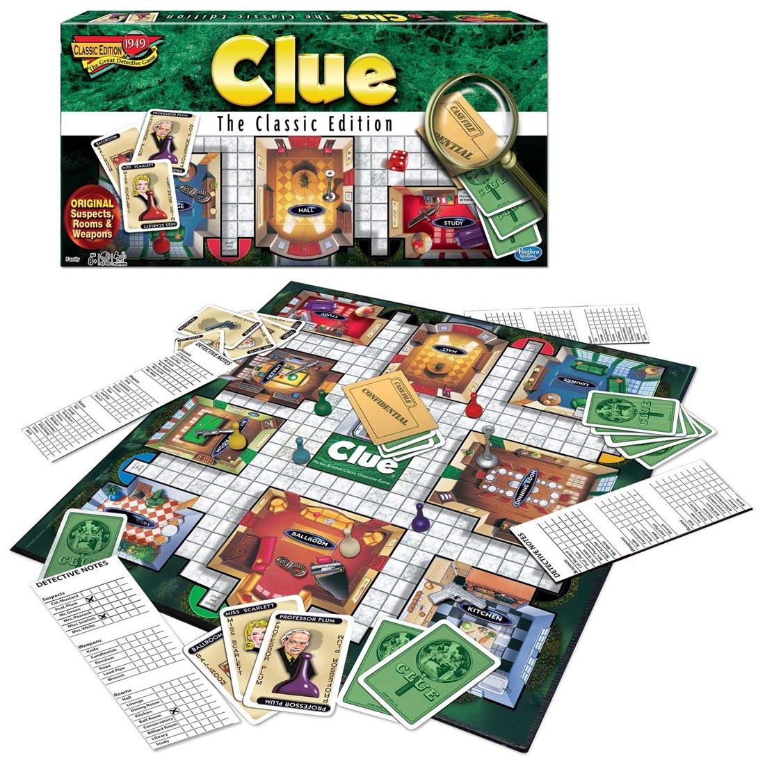 box and contents of Clue Classic Edition board Game