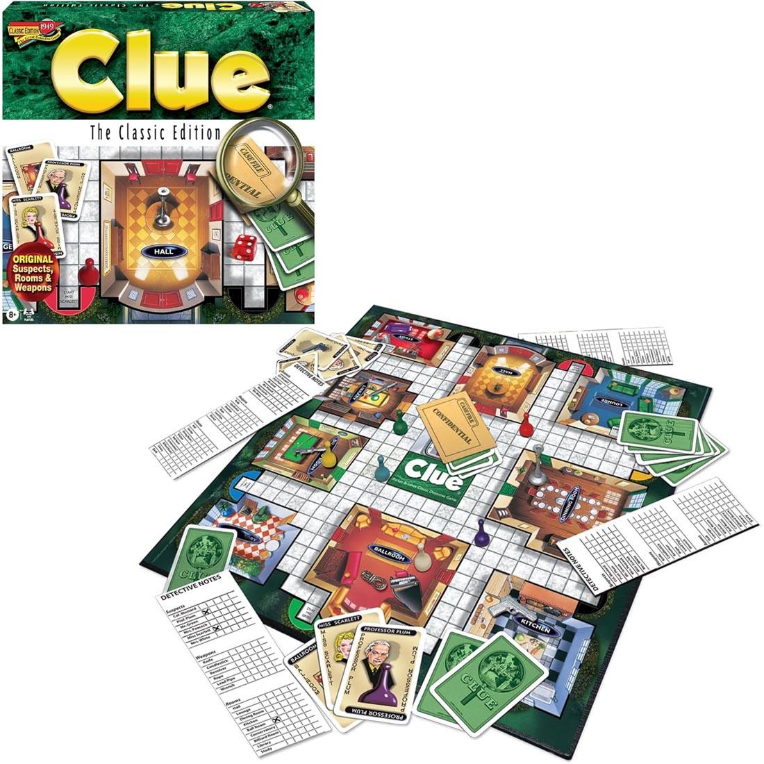 box and contents of Clue Classic Edition board Game