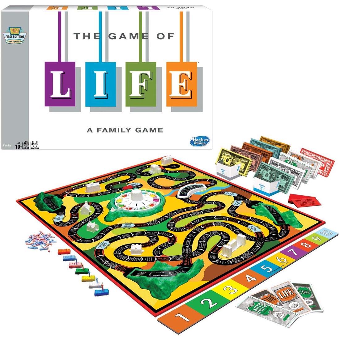 Box and contents of The Game of Life Classic Edition Board Game