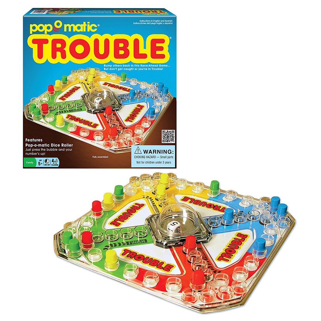 box and contents of Pop-O-Matic Trouble Board Game