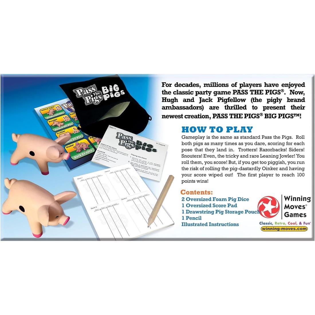 back of package of Pass The Pigs Big Pigs Game