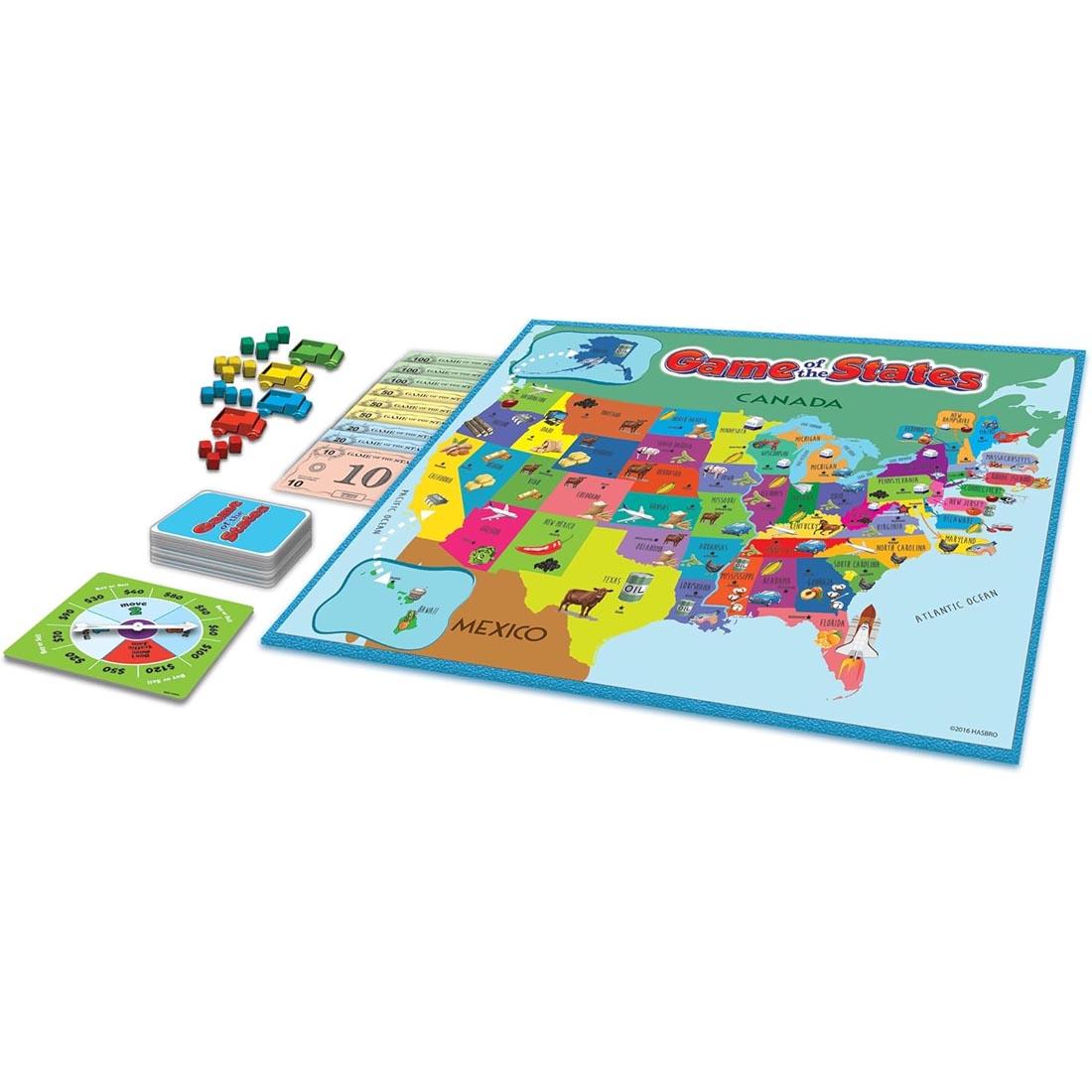Contents of Game of the States, including game board, cards, spinner, money and more