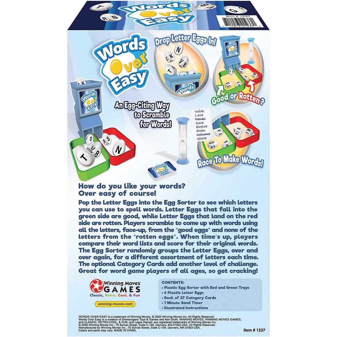 Back of box for Words Over Easy Game, with instructions