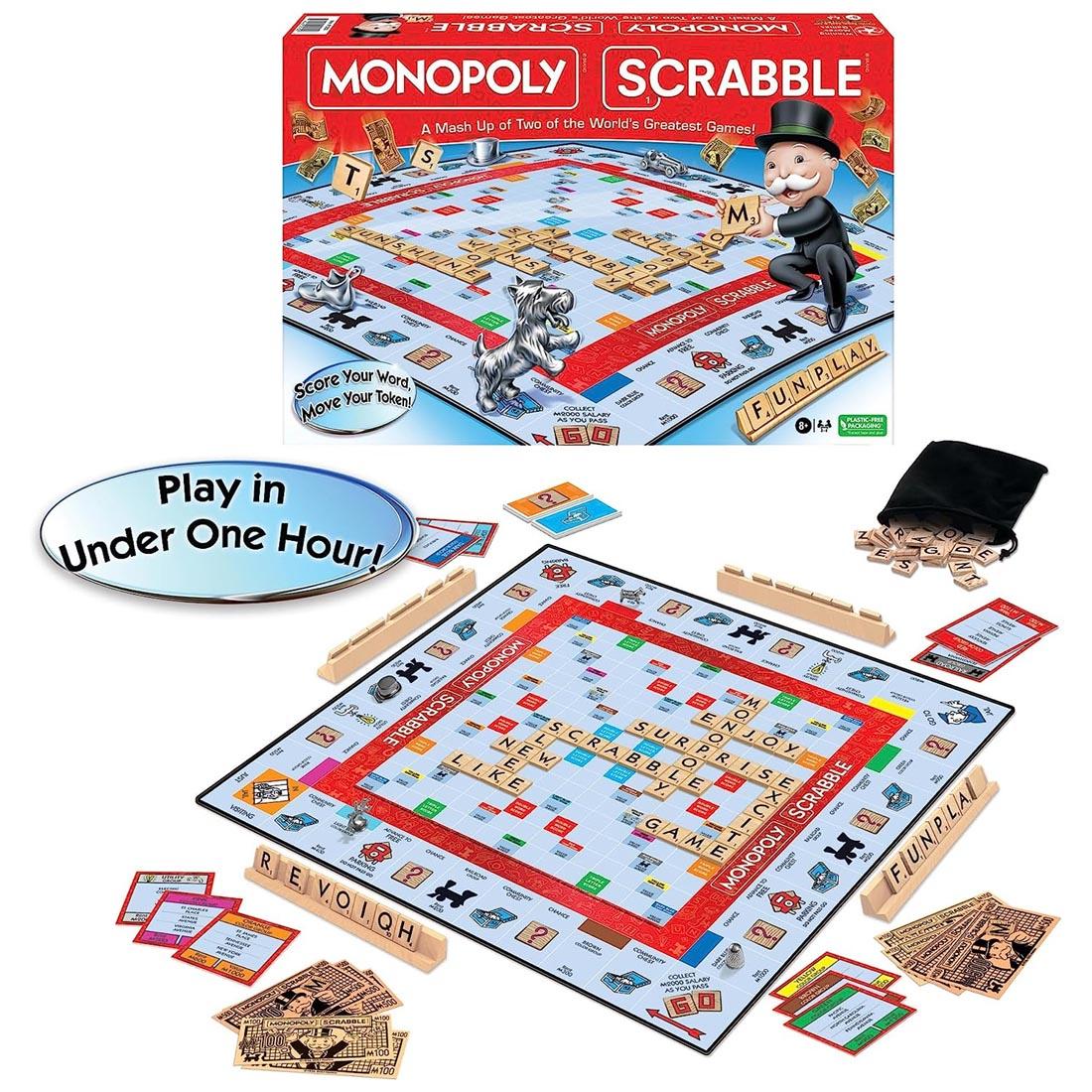 Monopoly Scrabble Game, with contents shown outside the box