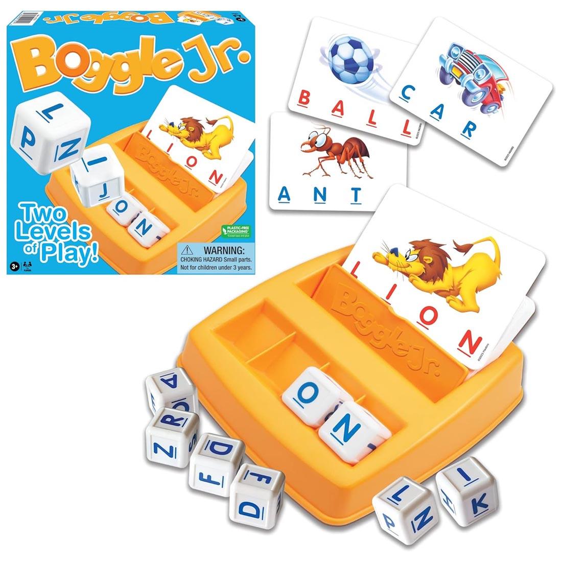 Boggle Jr. Game, with cardholder, several letter cubes and sample cards shown outside the box