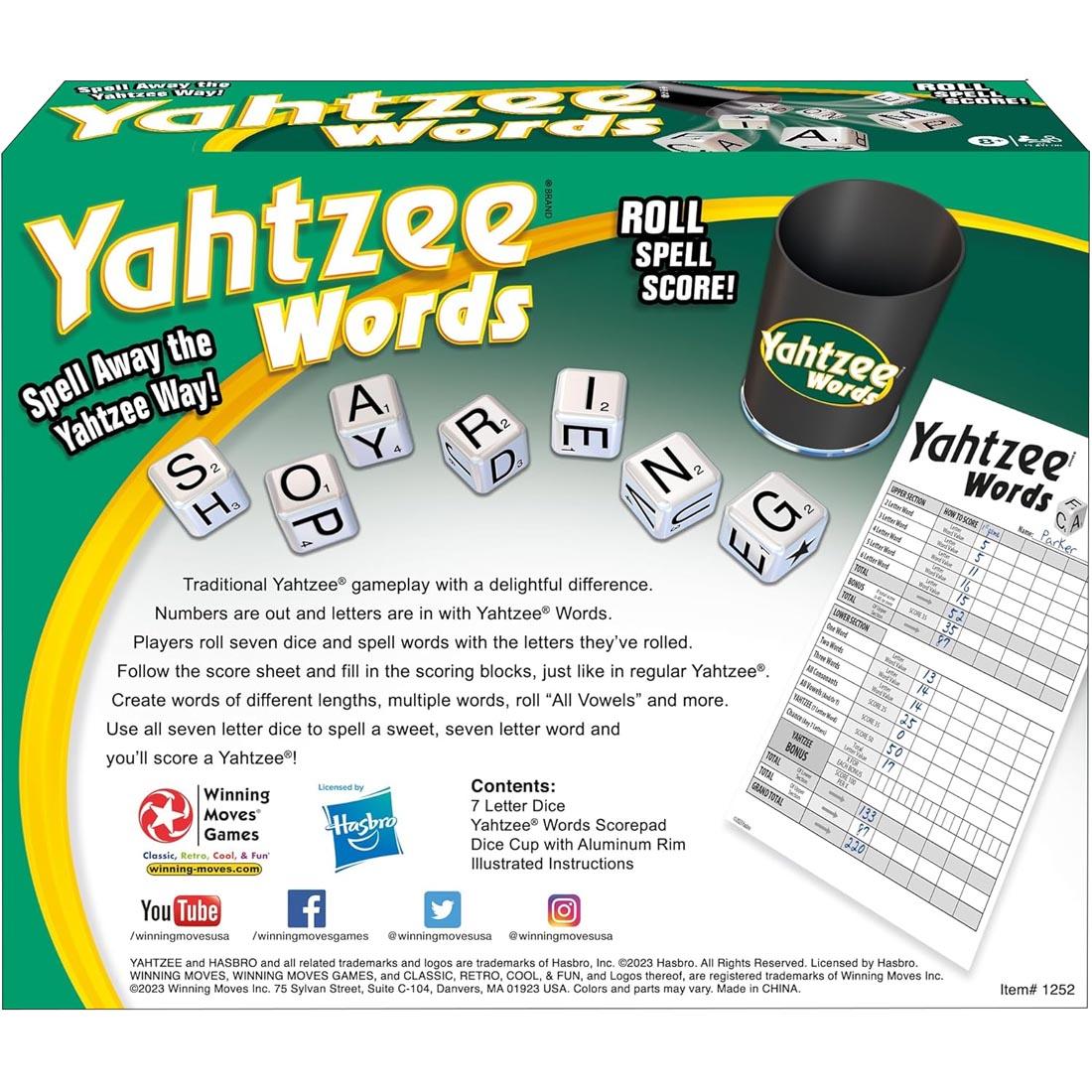back of package for Yahtzee Words Dice Game