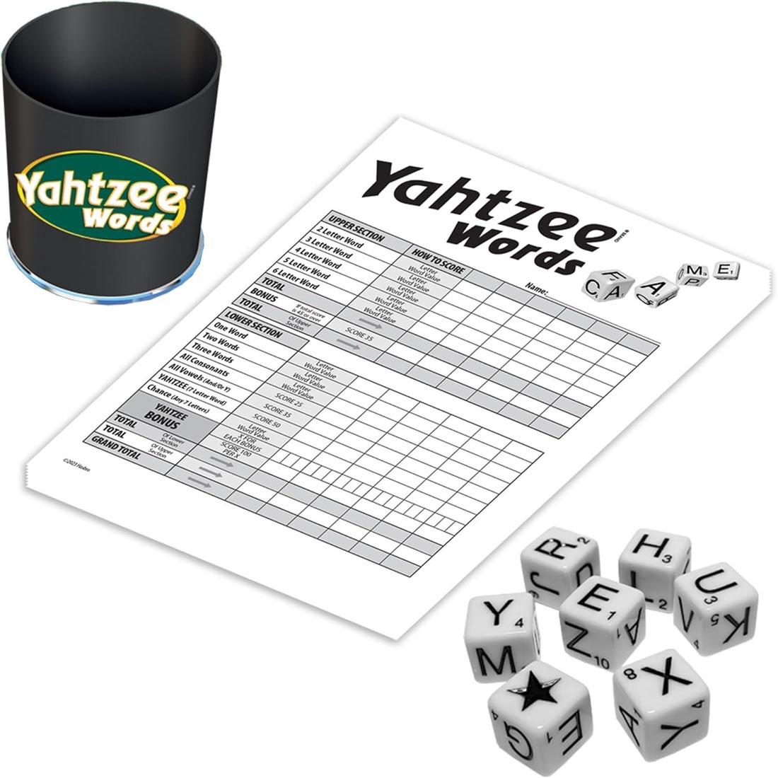 score card, dice and dice cup from Yahtzee Words Dice Game