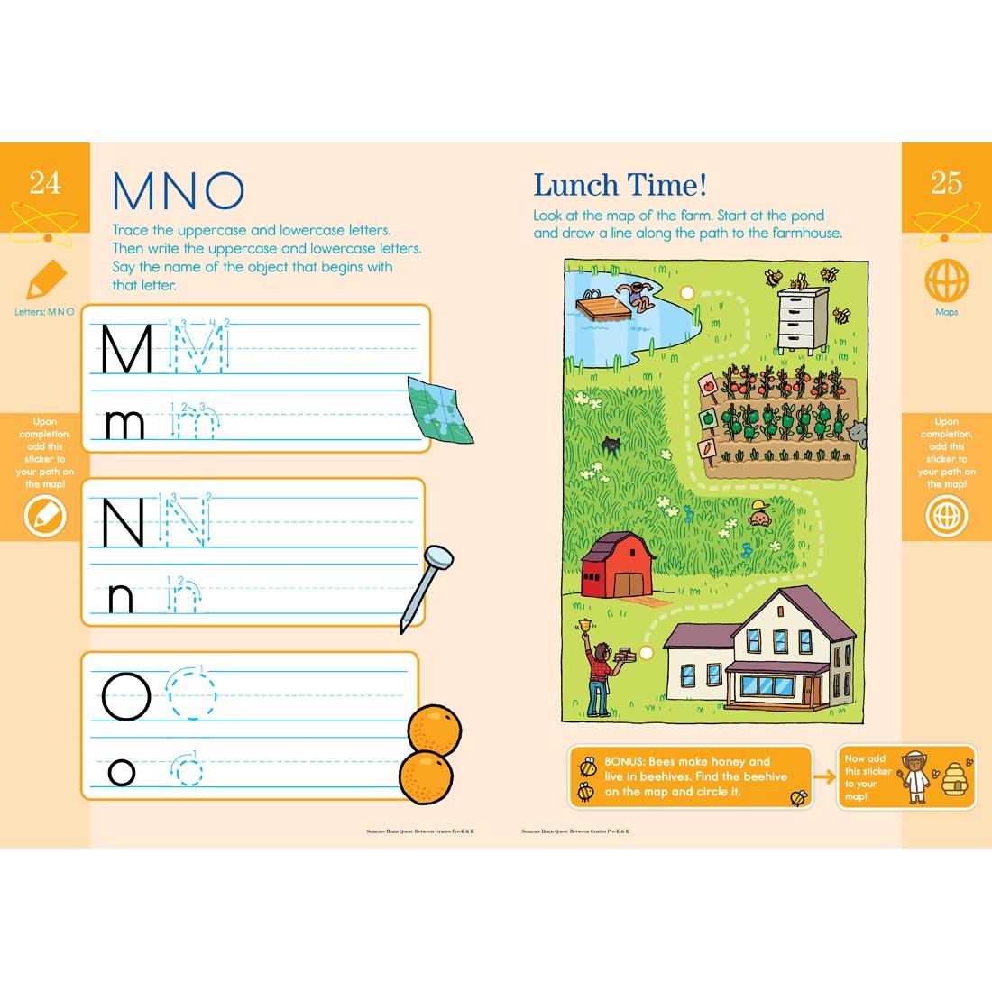 sample pages from Summer Brain Quest Workbook for Grades PreK-K, letters M, N and O