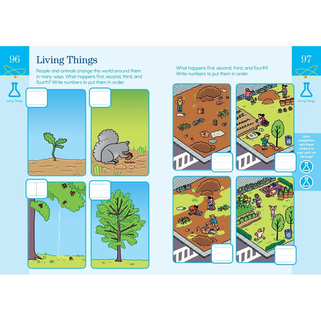 sample pages from Summer Brain Quest Workbook for Grades PreK-K, practicing sequencing