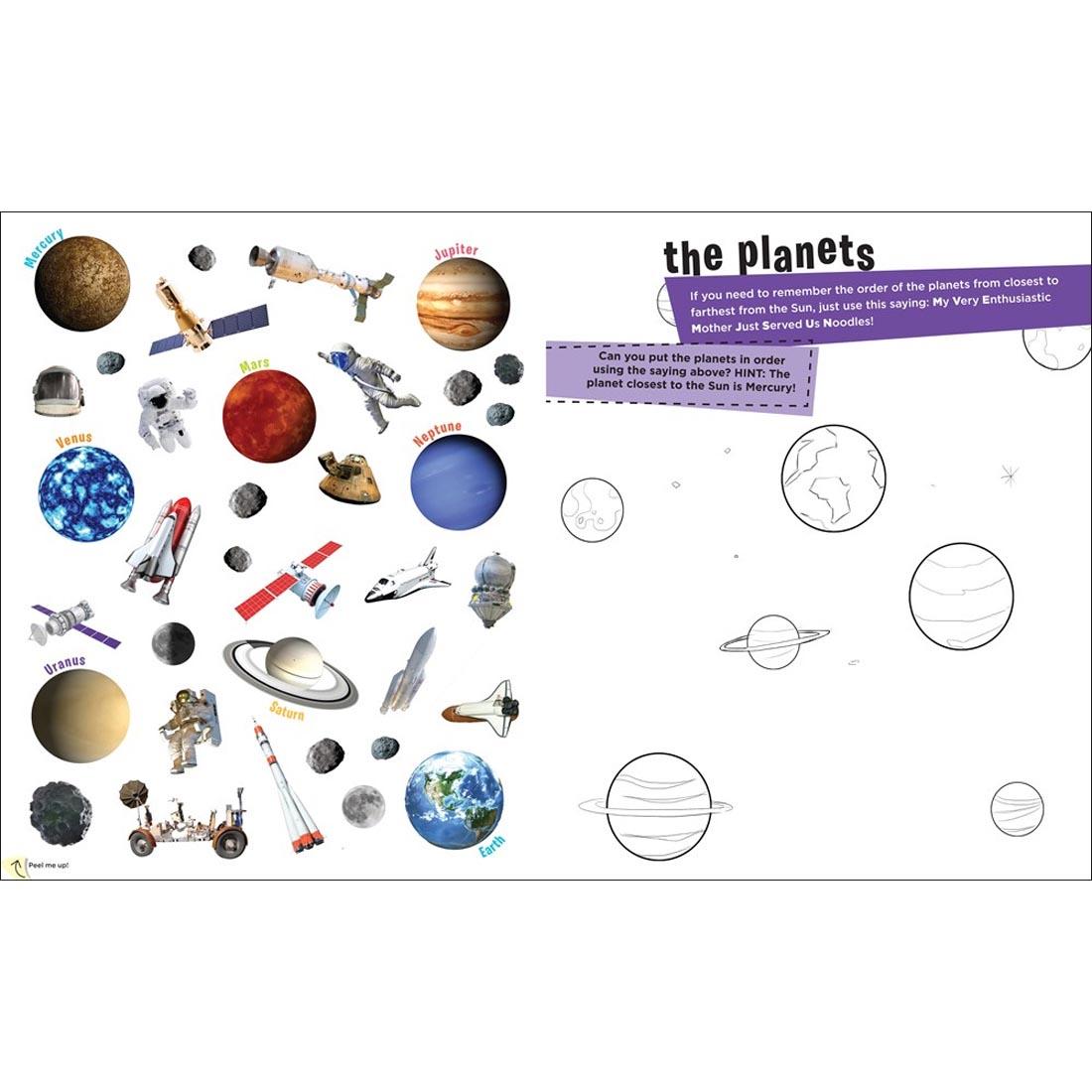 sample pages from Peel + Discover Sticker Book: Space book