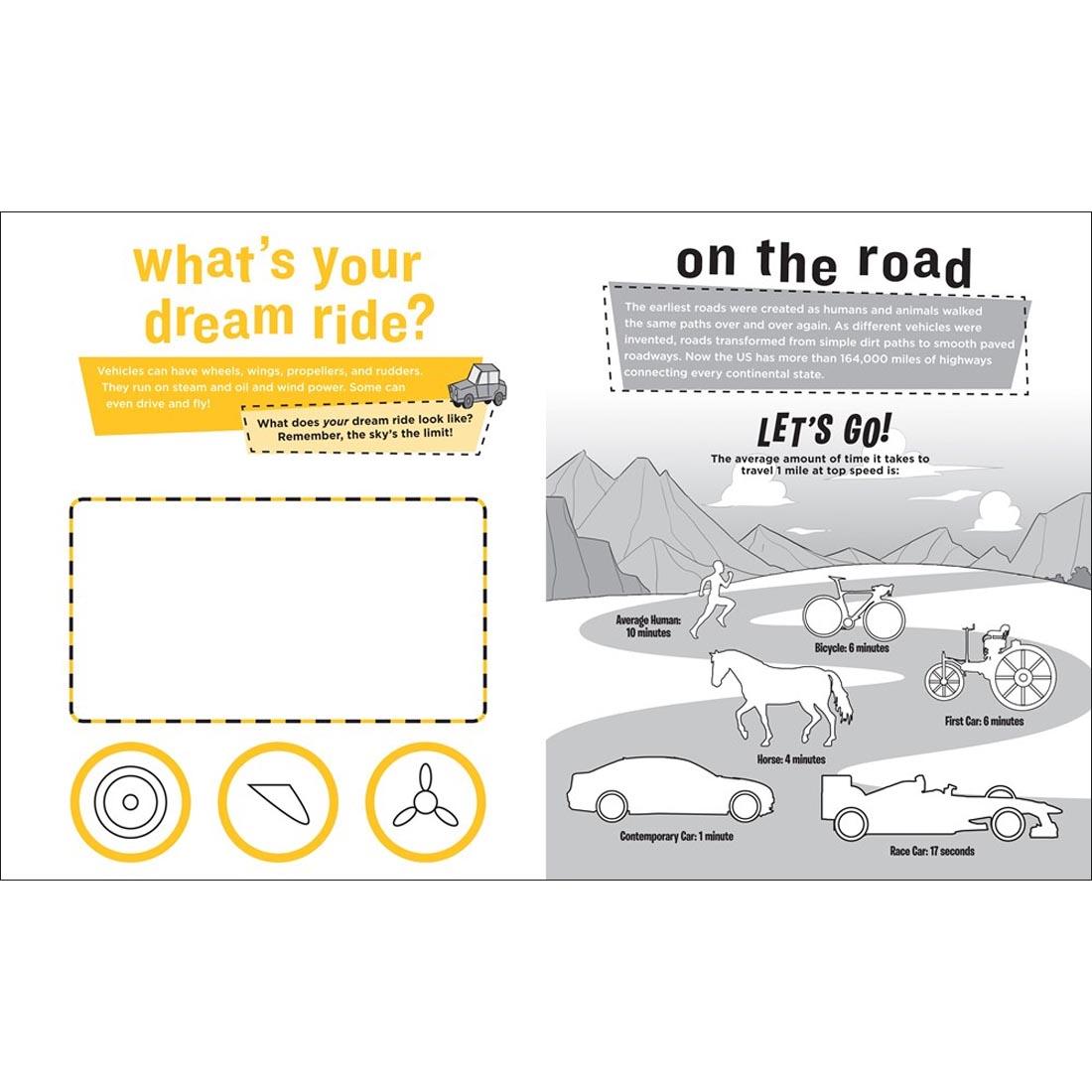 sample pages from Peel + Discover Sticker Book: Cars! Trucks! Trains!