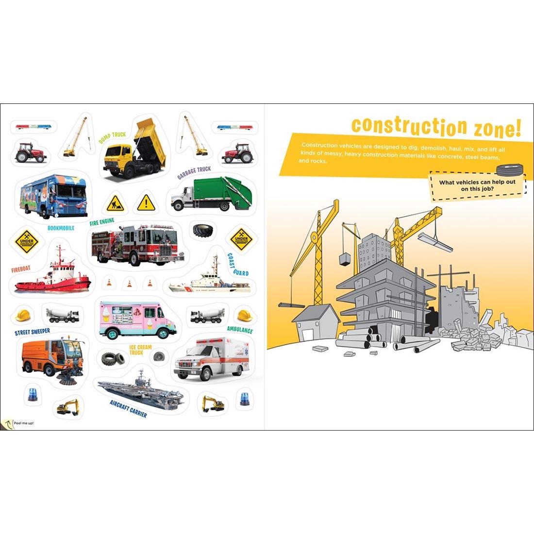 sample pages from Peel + Discover Sticker Book: Cars! Trucks! Trains!