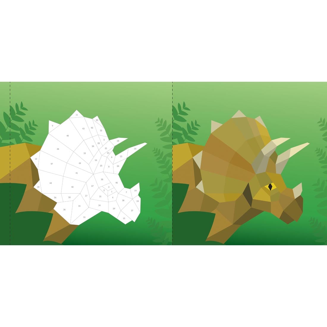 sample pages from the book Dinosaurs Paint by Sticker Kids, showing the head of a triceratops