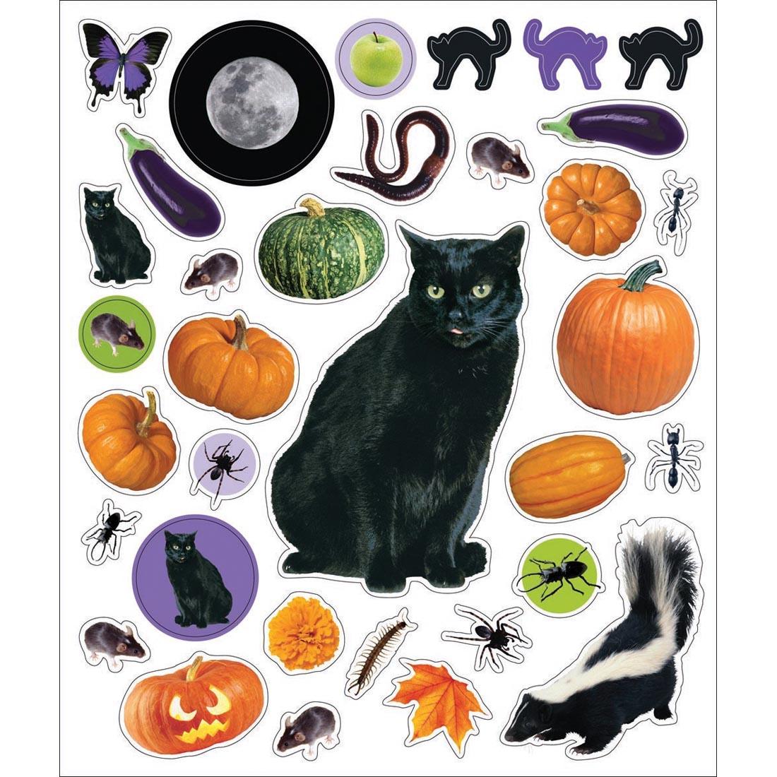 sample sticker sheet from Eye Like Halloween Stickers, showing cats, pumpkins, leaves and more