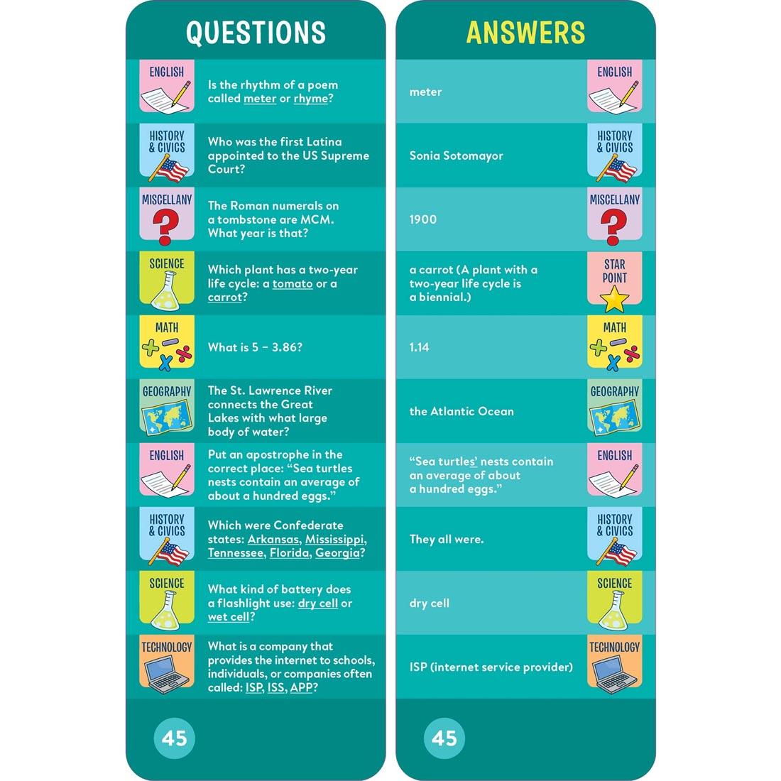 sample question and answer cards from Brain Quest Smart Cards Grade 5