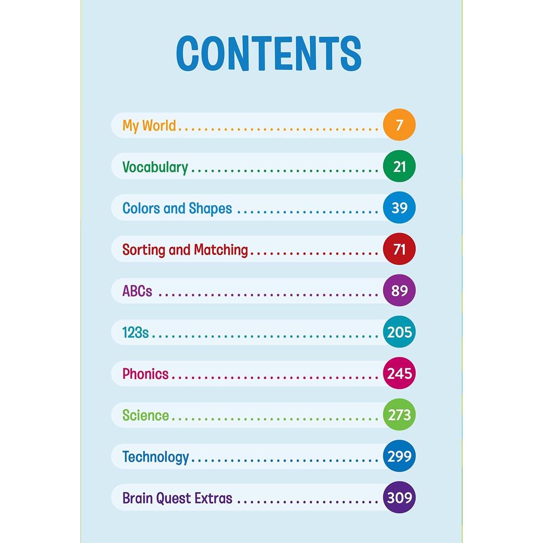 Contents page from Brain Quest Workbook Pre-K