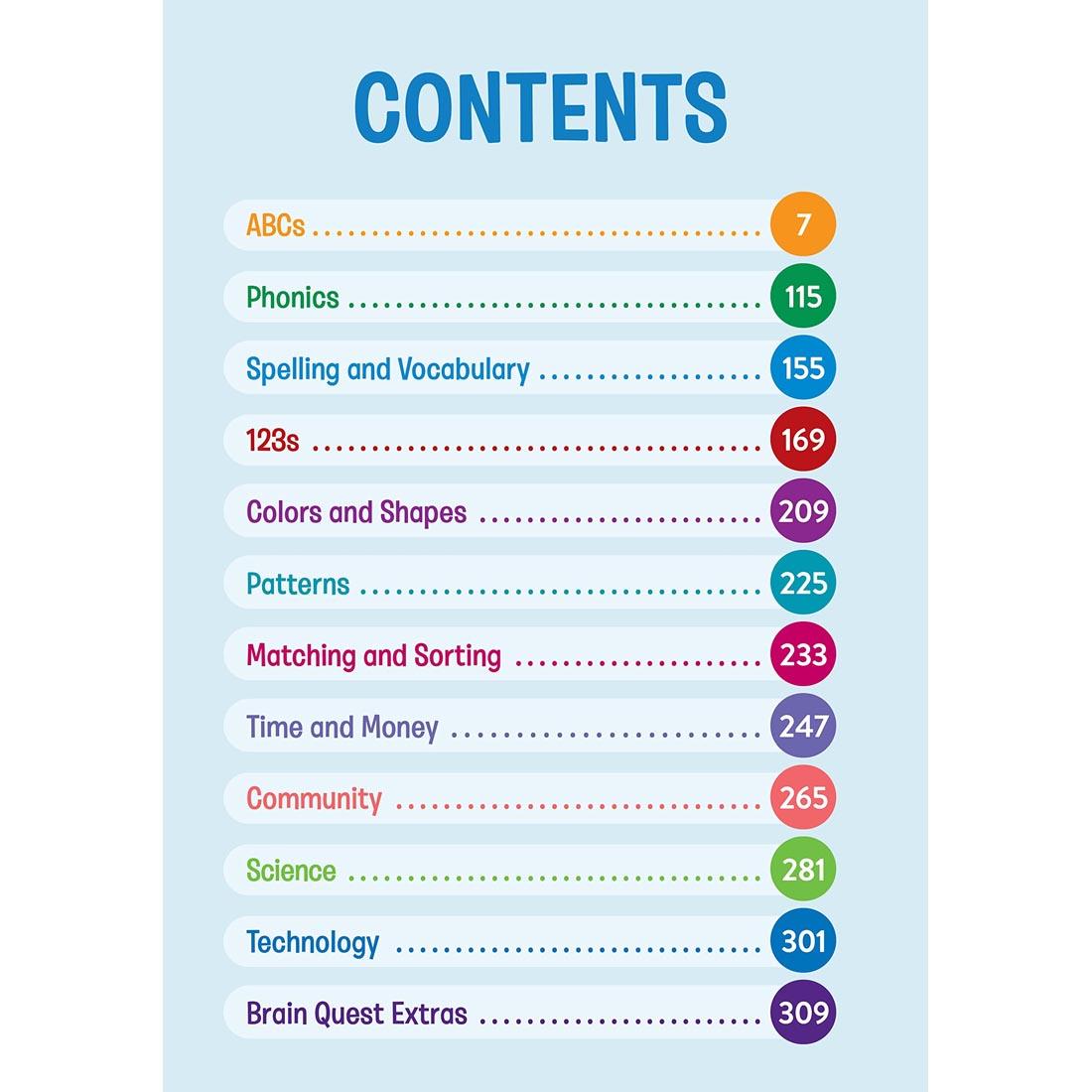 Contents page from Brain Quest Workbook Kindergarten