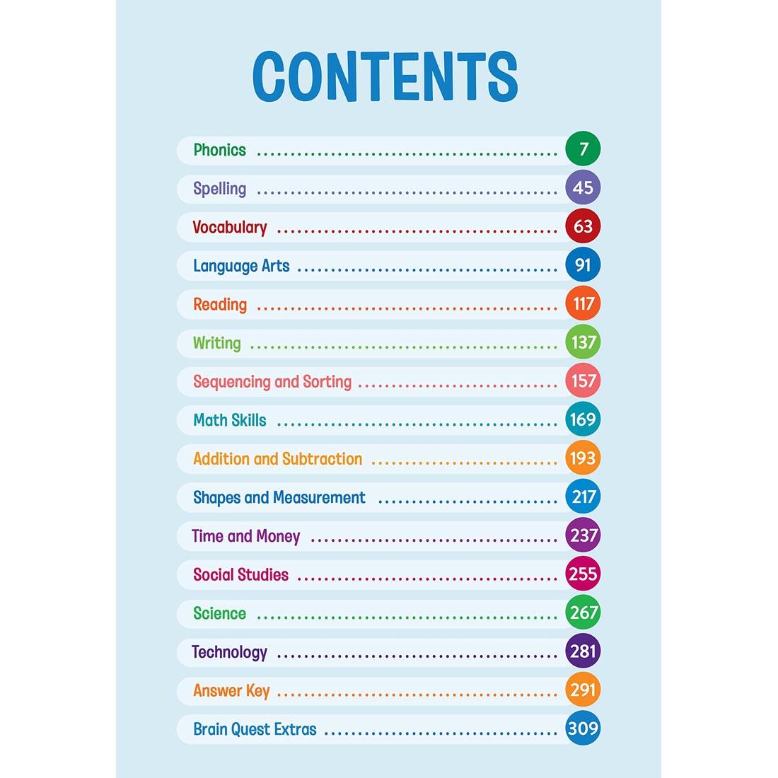Contents page from Brain Quest Workbook Grade 1