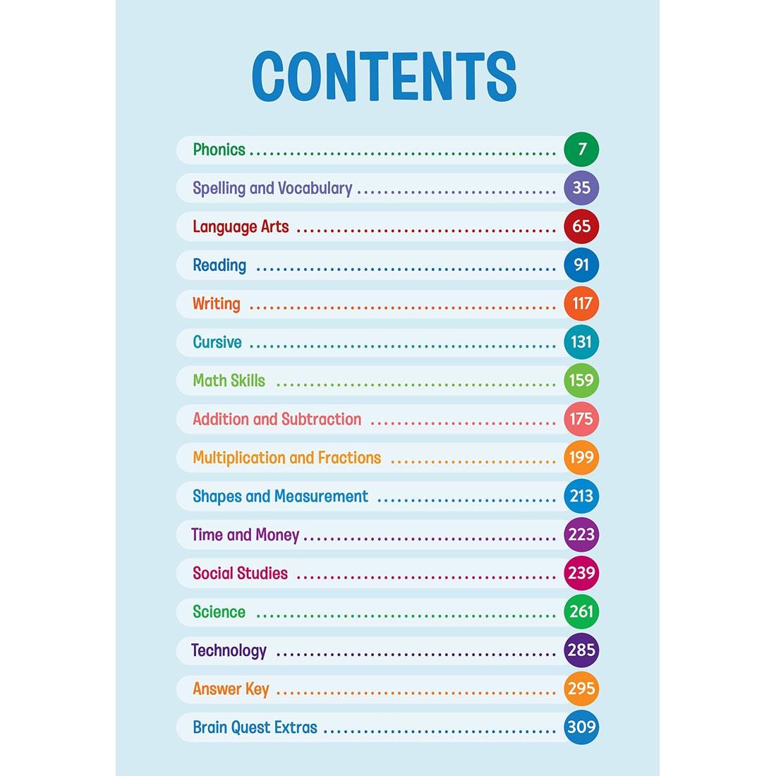 Contents page from Brain Quest Workbook Grade 2