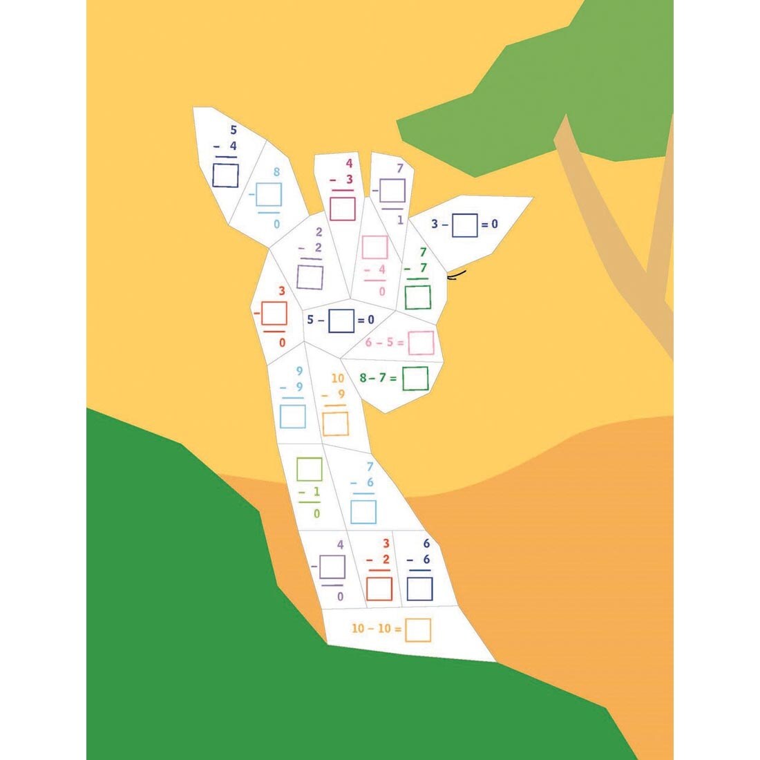 sample unfinished page from Learn By Sticker Addition And Subtraction, showing the outline of a giraffe
