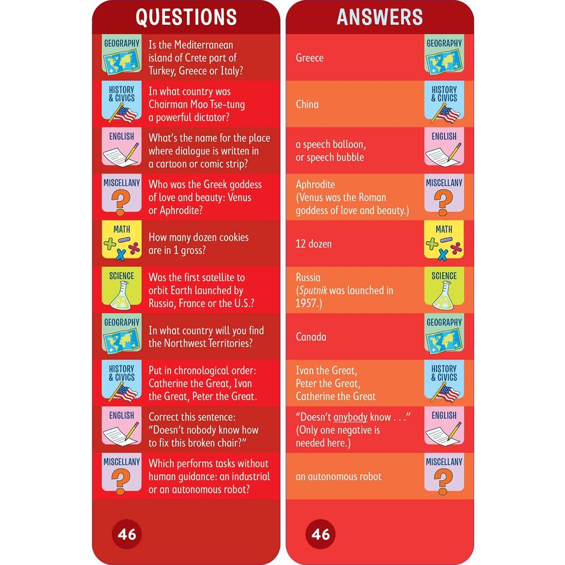 sample question and answer cards from Brain Quest Smart Cards Grade 6