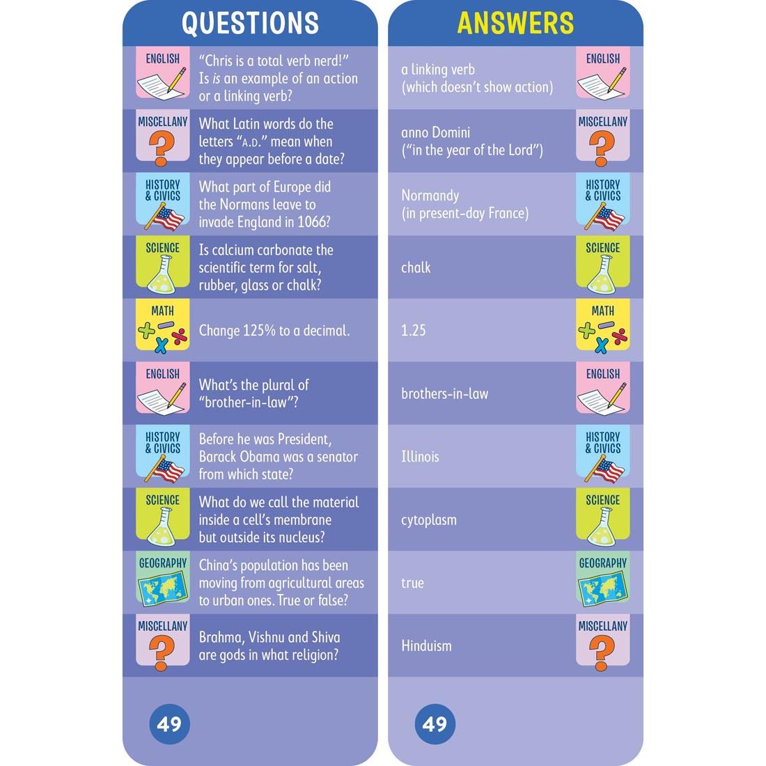 sample question and answer cards from Brain Quest Smart Cards Grade 7