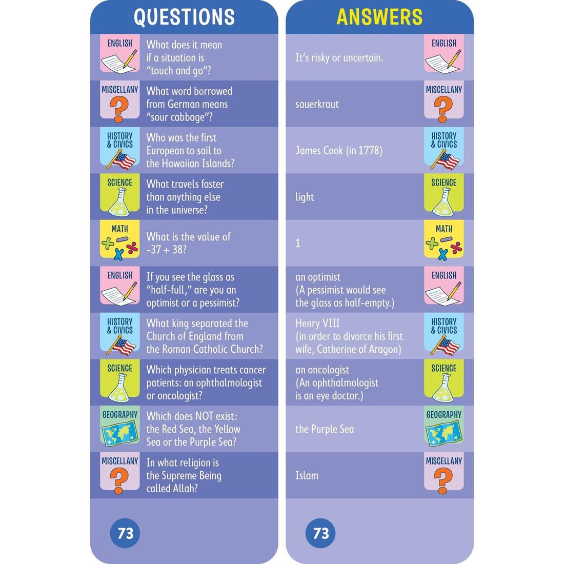 sample question and answer cards from Brain Quest Smart Cards Grade 7