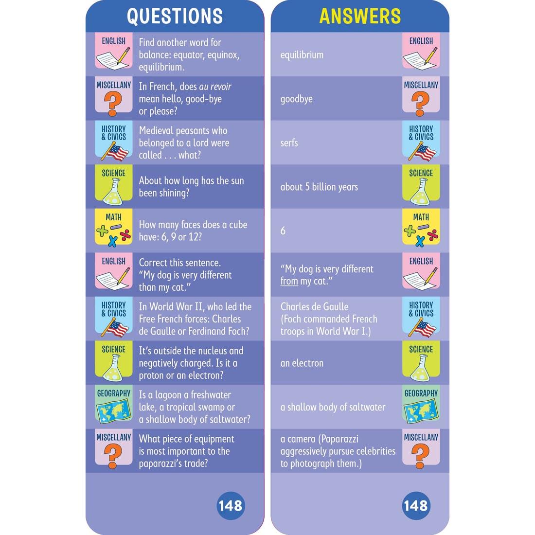 sample question and answer cards from Brain Quest Smart Cards Grade 7