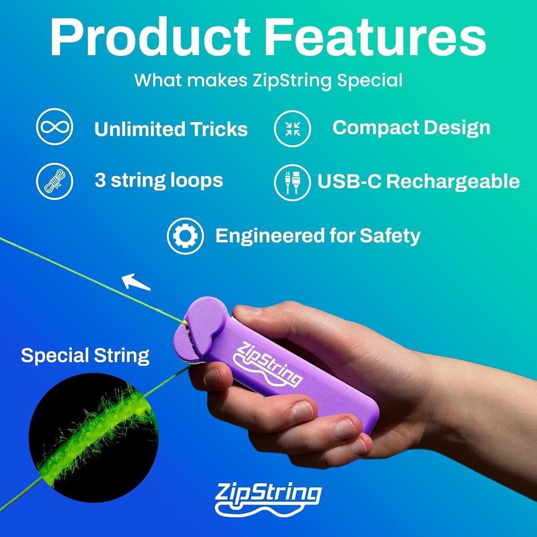 hand holding a Vivacious Violet ZipString with text about Product Features and What makes ZipString Special