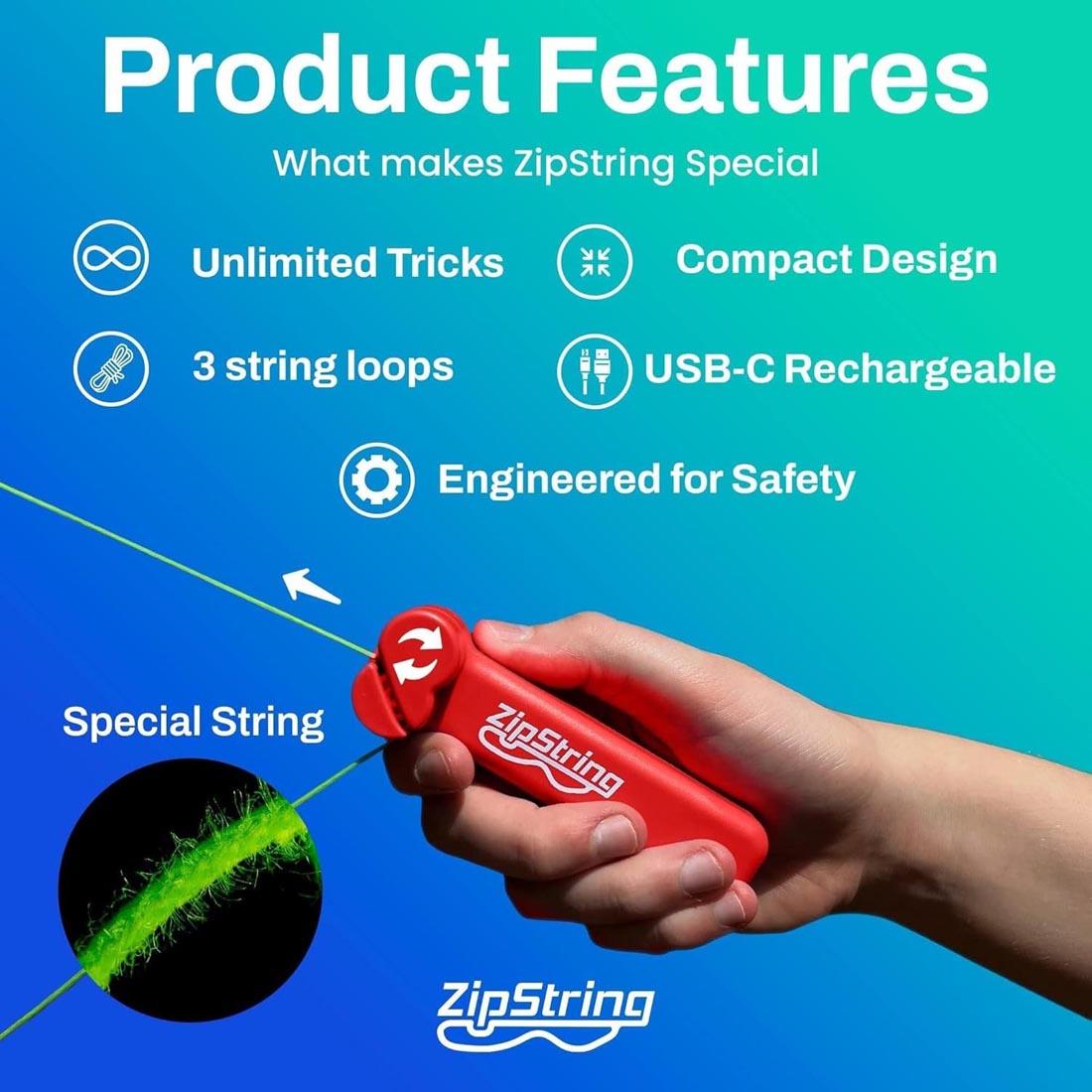 hand holding a Rock It Red ZipString with text about Product Features and What makes ZipString Special