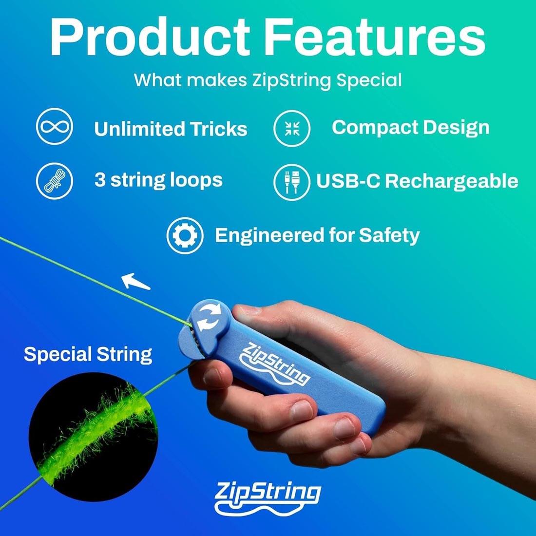 hand holding a Bodacious Blue ZipString with text about Product Features and What makes ZipString Special
